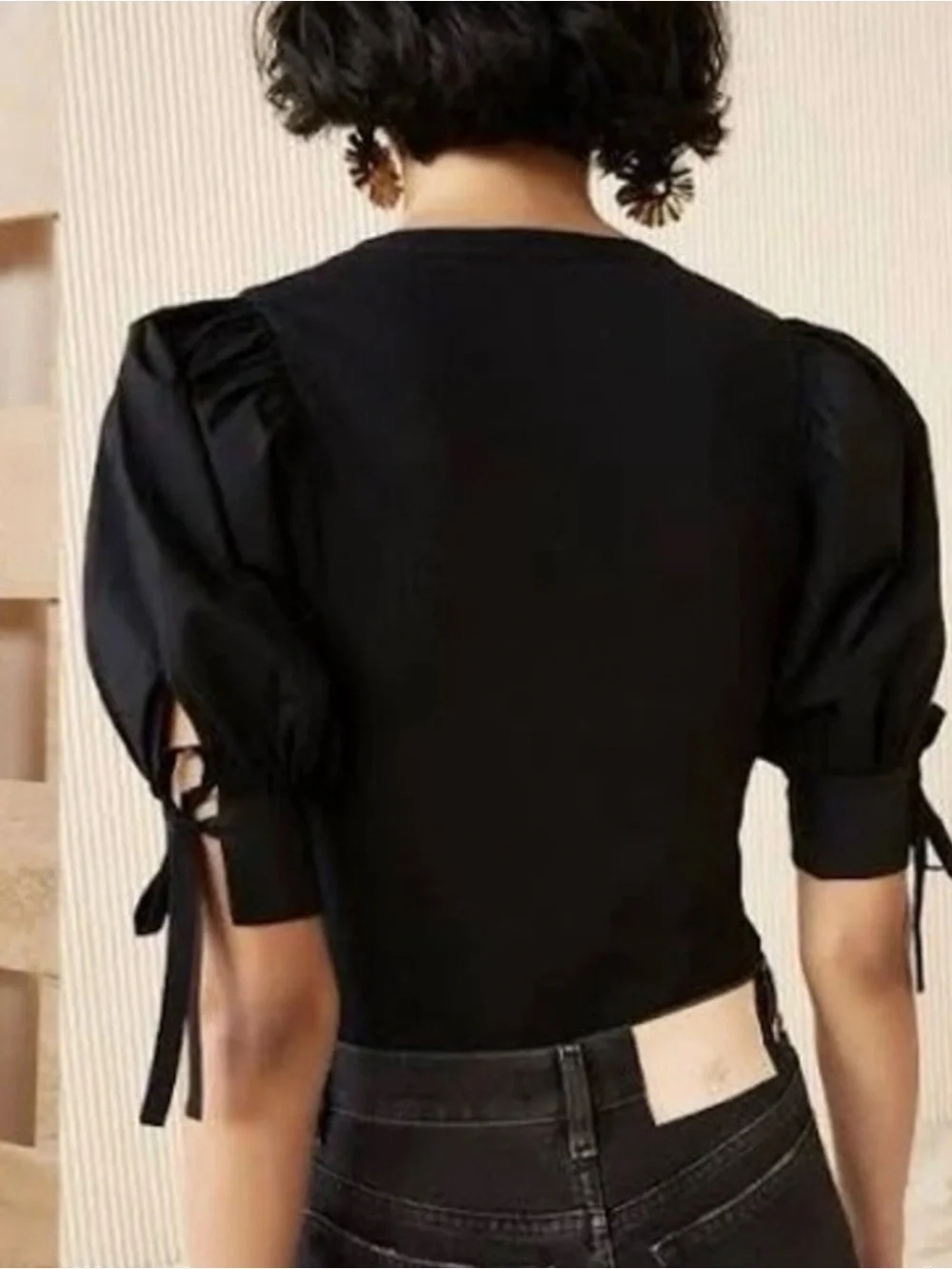 ULLA JOHNSON Puff Sleeve Ribbed Blouse Black XL (Fits more like a Large)